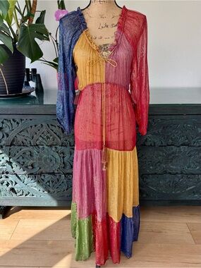 Bohemian Sheer Colorblock Metallic Maxi Dress - Multicolor